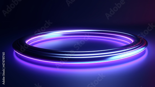 3D render, abstract geometric background of neon linear ring glowing in the dark, minimalist futuristic wallpaper
