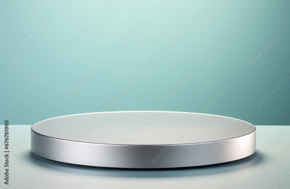 Silver podium display background. Round stand for cosmetic products. Beauty product promotion mockup with pedestal near empty sage green wall. Silver podium display background. Round stand for cosmetic products. Beauty product promotion mockup with pedestal near empty sage green wall.