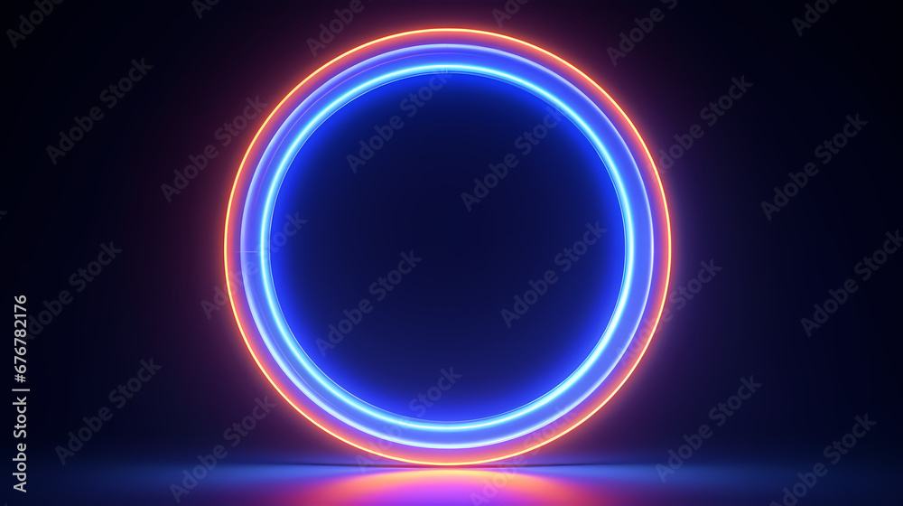 3D render, abstract geometric background of neon linear ring glowing in the dark, minimalist futuristic wallpaper