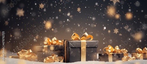 Luxury gift box present and christmas ornaments in snow falling.happy new year and celebration festival for banner