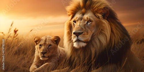 portrait of a lion, Beautiful Lion with female lion at grass, Twilight Moments with Lions, Two lions in a dry grass background