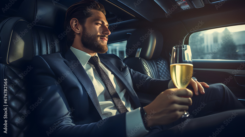 A rich man in a suit with a glass of wine in the car, limousine - obrazy, fototapety, plakaty 