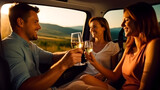 Friends going on a trip in a car and drinking white wine