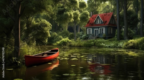 wooden old boat on the river near a house