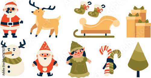 Christmas Vector Characters Set. santa claus  gift  stocking  sleigh  reindeer  candy cane  dwarf  elf  tree  snowman. cute christmas character  christmas element  Vector Illustrations.