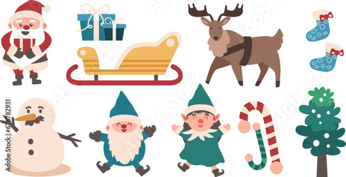 Christmas Vector Characters Set. santa claus, gift, stocking, sleigh, reindeer, candy cane, dwarf, elf, tree, snowman. cute christmas character, christmas element, Vector Illustrations. © FallenGraphic