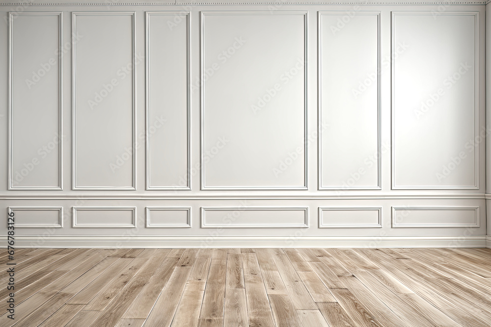 White decorative panel interior wall and wooden floor. 