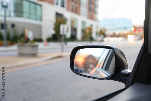 car mirror reflecting a serene beach with crashing waves, capturing the duality of introspection and external beauty, a tranquil escape