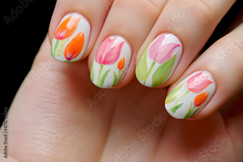 Woman's short fingernails with beautiful spring themed nail polish with tulip flower art deisgn photo