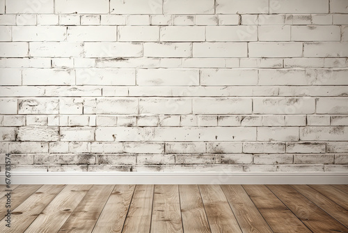 White painted brick interior wall and wooden floor. 
