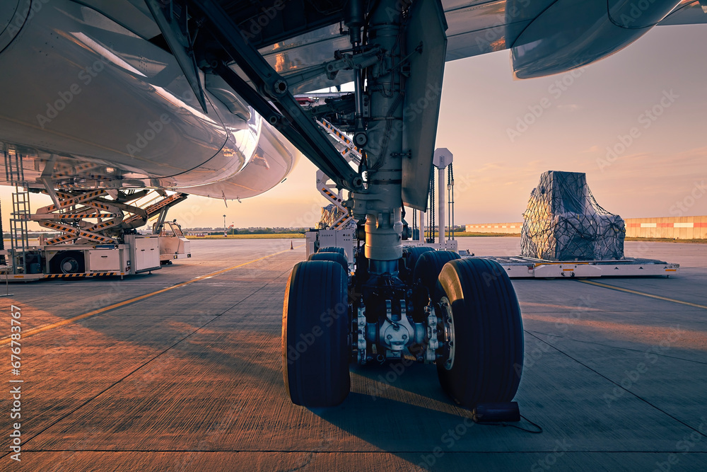 Landing gear of large plane. Preparation cargo airplane before flight at beautiful sunset. Unloading and loading of freight containers at airport... - obrazy, fototapety, plakaty 