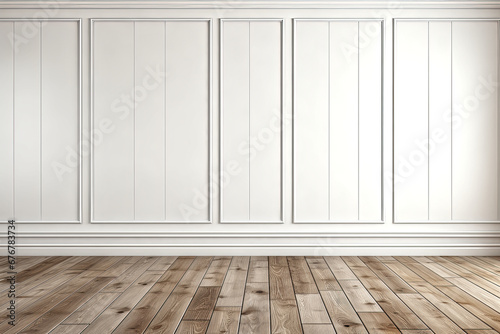 White panel interior wall and wooden floor insert product.  photo