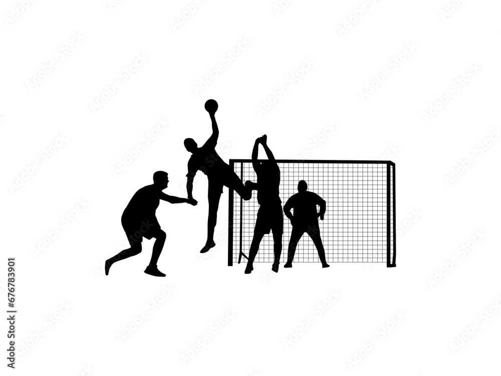 Man handball player silhouettes. Set of handball players silhouette in various poses. Handball player isolated on white background.
