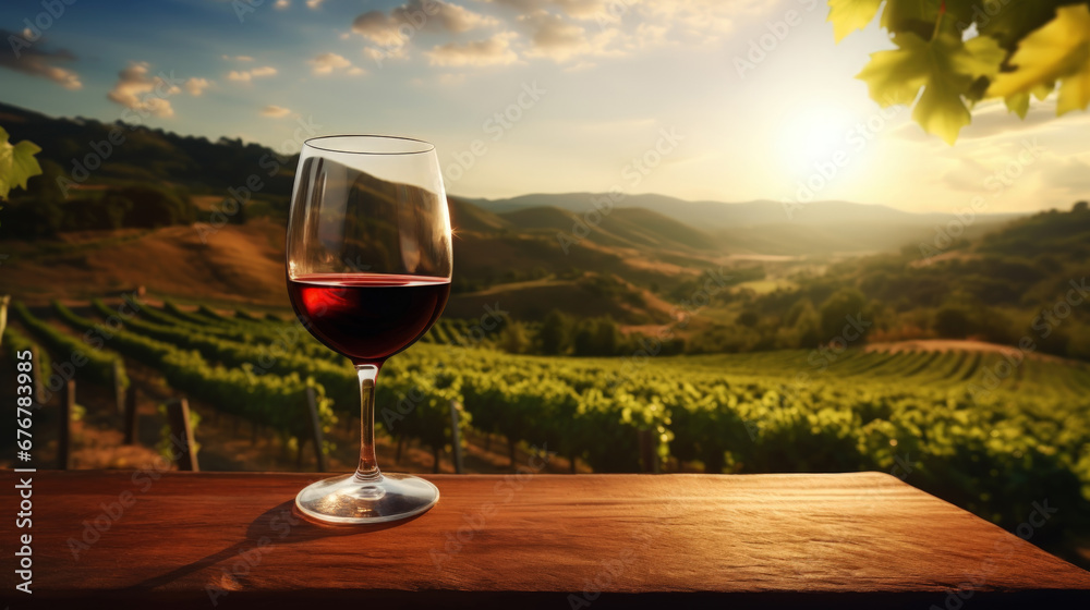 Glass of red wine on wooden table with vineyard in the background. Winemaker concept.