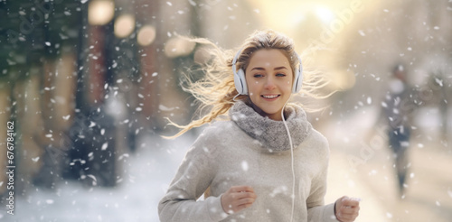 Young beautiful cheerful smiling woman dressed in warm clothes jogs on a winter sunny day. Snowing weather. Sport, positive emotions. Winter running. Healthy lifestyle. Fitness. Generative ai content