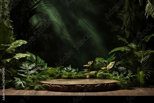 Empty wooden round podium on green background surrounded by tropical leaves or foliage. Display, pedestal for the presentation of cosmetic products, perfume or drinks