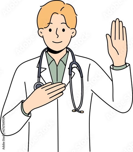 Doctor pronounces hippocratic oath and puts hand on heart, promising to follow medical rules photo