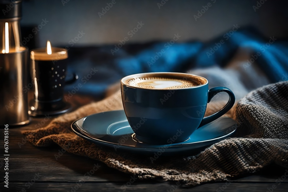 warm cup of coffe and soft fluffy wool plaid on a rustic wooden surface , blue and beige tones warm cup of coffe and soft fluffy wool plaid on a rustic wooden surface , blue and beige tones