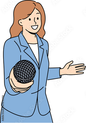 Woman reporter with microphone wants to take interview and asks questions of interlocutor