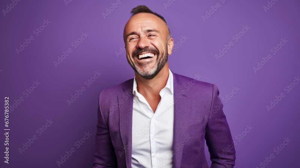 medium shot portrait photography of a pleased man in his 40s against a light purple background