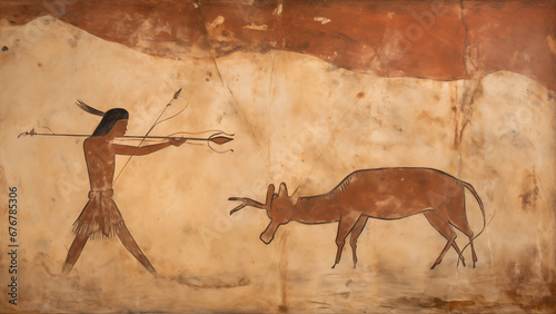 Ancient cave paintings of cavemen hunting animals