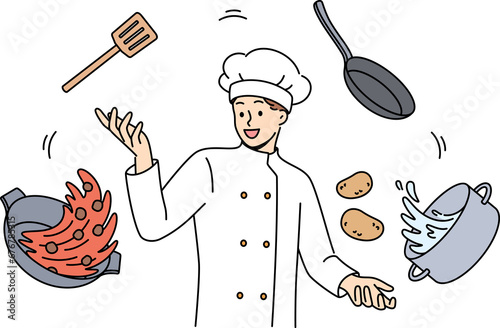 Man cook in white uniform and cap stands among flying pots and ingredients for cooking soup