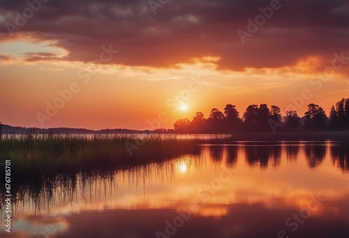 An image of a vibrant sunset over a serene lake with colorful reflections shimmering on the water © ArtisticLens