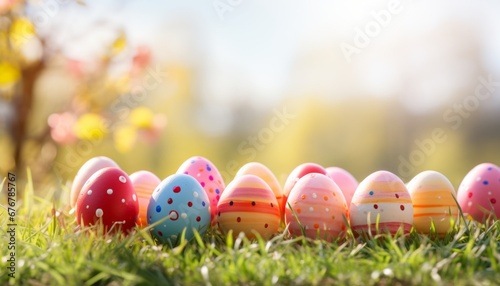 Photography Easter themed vibrant spring scene with lush green grass and white or yellow bac