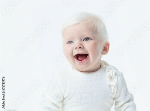 Albino baby laughing, isolated on white background