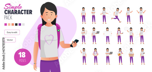 Simple flat female teenager student vector character in a set of multiple poses. Easy to edit and isolated on a white background. Modern trendy style character mega pack with lots of poses.