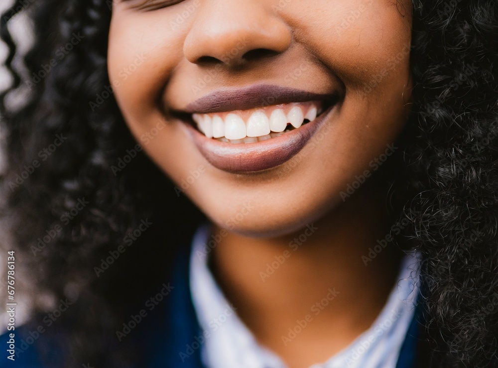 African American curvy hair girl, white teeth smiling closeup African American curvy hair girl, white teeth smiling closeup