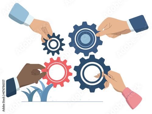 Successful teamwork, Business cooperation to solve problems, Driving the concept of efficient work processes in an organization or company, The hands of a business team move the gears together.