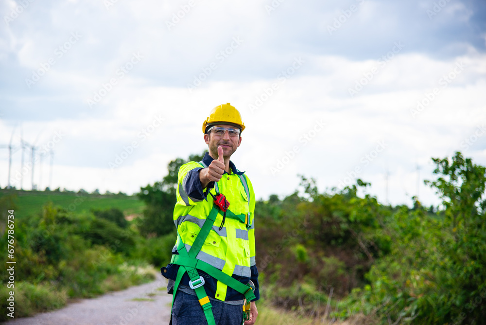 Wind turbine Engineer working in wind turbine farm , Generator station, renewable energy , Sustainable energy industry concept