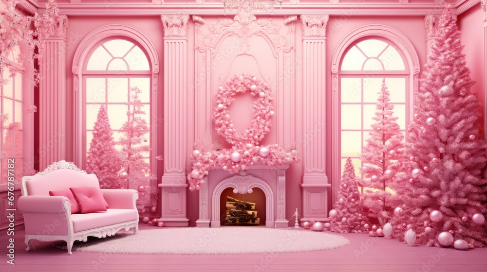 A pink monochrome room with elegant christmas decorations, showcasing a luxurious and uniform interior design