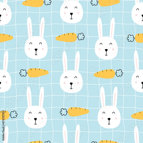 Rabbit and carrot baby seamless cute design for kids hand drawn in cartoon style Use for prints, wallpapers, decorations, textiles, vector illustration