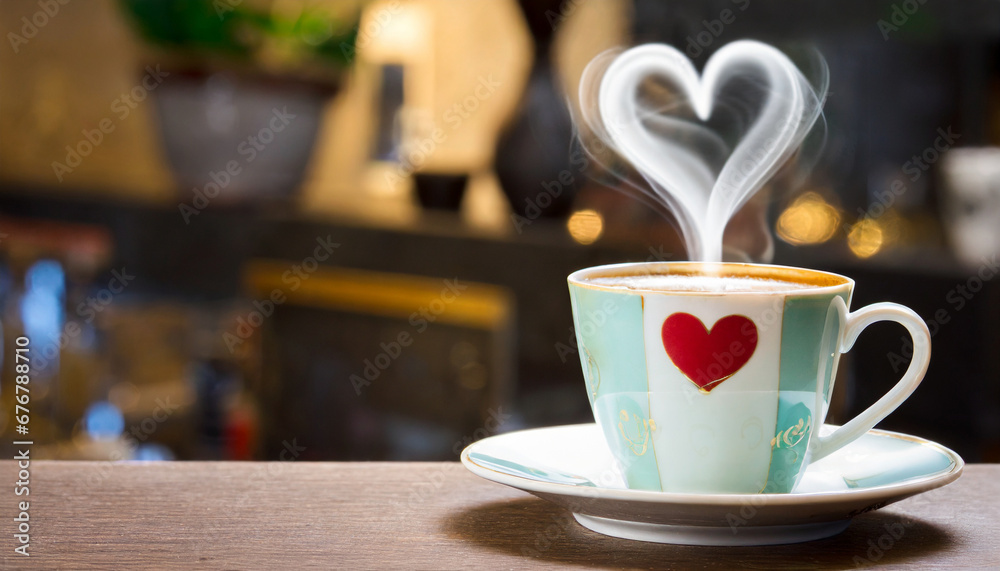 Fototapeta premium Coffee cup with heart-shaped steam on a bar table