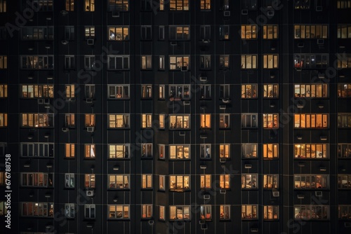 Dark windows in building at night, AI generated