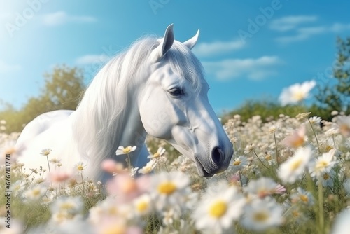 White horse on the field of flowers  AI generated