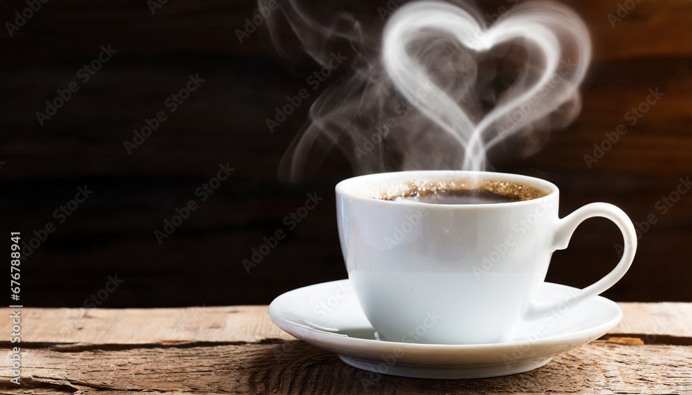 Coffee cup with heart-shaped steam on rustic wood