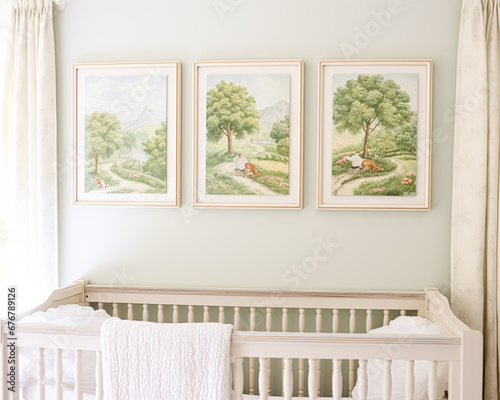 Nursery gallery wall  home decor and wall art  framed art in the English country cottage interior  room for diy printable artwork mockup and print shop