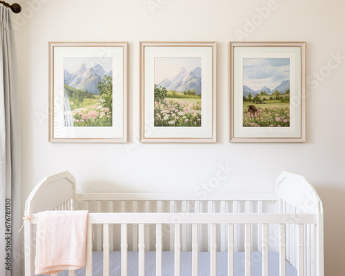 Nursery gallery wall, home decor and wall art, framed art in the English country cottage interior, room for diy printable artwork mockup and print shop © Anneleven