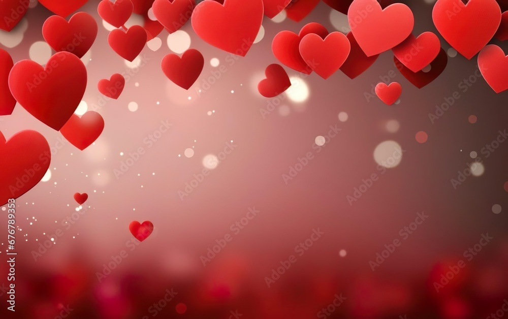 Red blurred background banner with scattered red hearts. Copy space, bokeh, de focus. Valentines day, engagement or wedding party poster. AI Generative