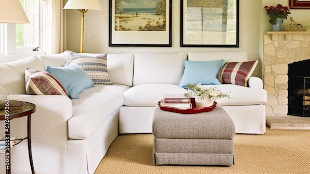 Fototapeta premium Interior design, home decor, sitting room and living room, white sofa and furniture in English country house and elegant cottage style