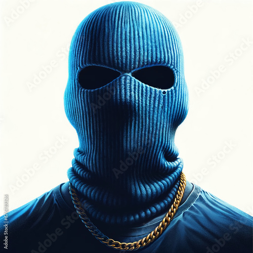 A person in a blue bandana and a gold chain around the neck.

