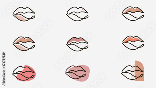  Beautiful woman lips. Different versions of logo, lips, boho, minimalistic, line drawing. Woman Lipstick kiss. 
Concept vector illustration.