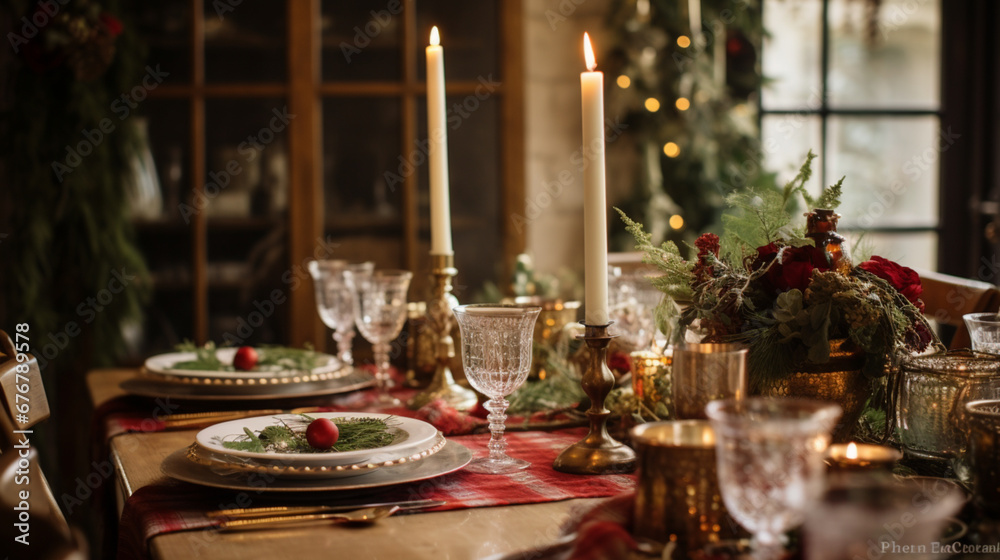 Holiday table decor, Christmas holidays celebration, tablescape and dinner table setting, English country decoration and home styling Holiday table decor, Christmas holidays celebration, tablescape and dinner table setting, English country decoration and home styling