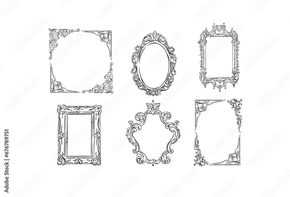 Hand drawn vector abstract outline,graphic,line art vintage baroque ornament floral frames set in minimalistic modern style.Baroque floral vintage outline design concept.Vector antique frame isolated.