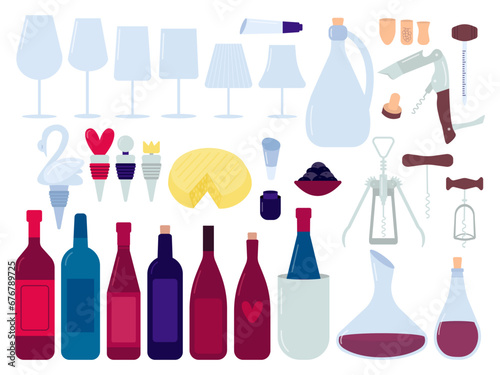 Wine production flat design set. Vector different wineglasses, red wine bottles, other sommelier tools set