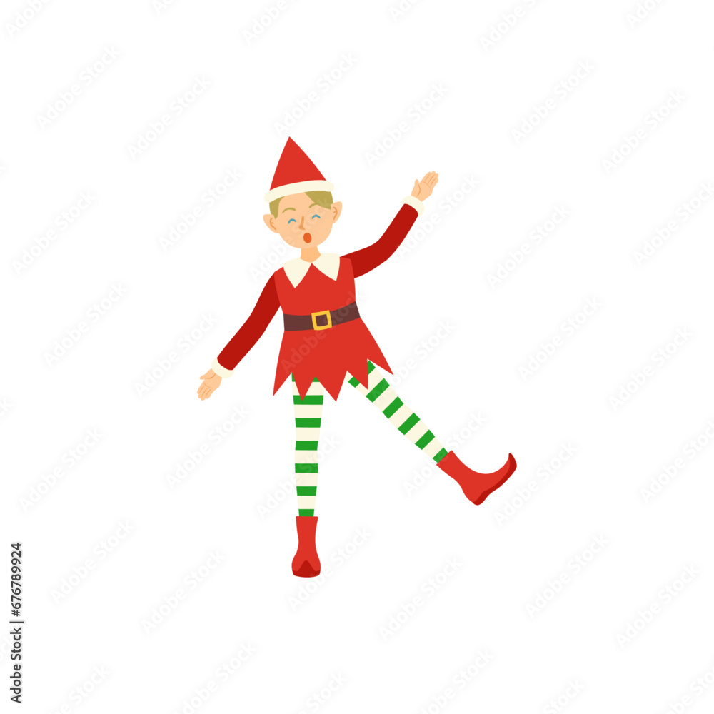 楽しげな赤色の服のクリスマスエルフ。フラットなベクターイラスト。 Christmas elf dressed in red looks like fun. Flat designed vector illustration. 楽しげな赤色の服のクリスマスエルフ。フラットなベクターイラスト。 Christmas elf dressed in red looks like fun. Flat designed vector illustration.