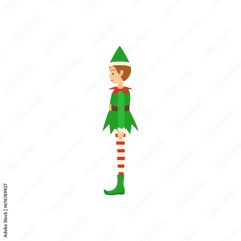 横向きのクリスマスエルフ(緑色の服)。フラットなベクターイラスト。 Christmas elf dressed in green standing sideways. Flat designed vector illustration. 横向きのクリスマスエルフ(緑色の服)。フラットなベクターイラスト。 Christmas elf dressed in green standing sideways. Flat designed vector illustration.